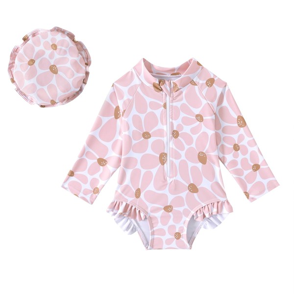 Goodplayer Baby Girl Swimsuit One-Piece Long Sleeve Rash Guard with