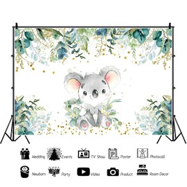 Ttincceer Cute Koala Background 270 x 180 cm Sage Green Eucalyptus Leaves Gold Sparkling Photography Background Newborn Happy Birthday Background Birthday Party Decoration Banner