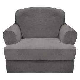 CUCRAF T Cushion Sofa Cover 2 Piece Armchair Slipcovers, Soft Thick Velvet Couch Cover for Living Room, Washable High Stretch Furniture Protector with 1 Cushion Chair Slipcover (Chair, Grey)