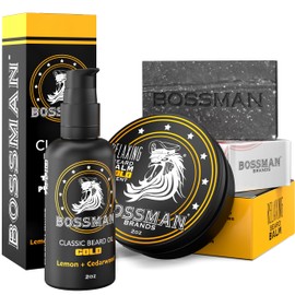 Bossman Starter Beard Kit for Men – Beard Oil (2 oz), Beard Balm & Bar Soap – Natural & Organic Grooming Kit – Made in the USA Men Gift Set (Gold Scent)