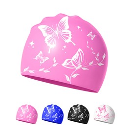 Swimming Cap for Women – Soft, Elastic, Anti-Slip, Stylish, Comfortable (Pink Butterfly)