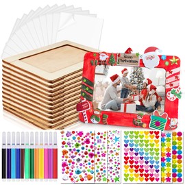 Bayuxacn 12PCS Wooden Picture Frames For Crafts, DIY Picture Frame Craft Kits For 4×6 Inch Photo With Plastic Protector Sheet, Color Pens And Color Stickers For Painting Gifts, Festive Decorate
