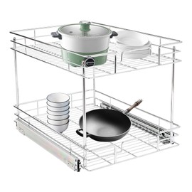 Pull Out Cabinet Organizer, 2 Tier Pull Out Drawers for Kitchen Cabinets, Double Tier Wire Basket Slide Out Shelf for Base Cabinet Organization ​in Kitchen, Bathroom, Silver (16.5" W X 21.5" D)