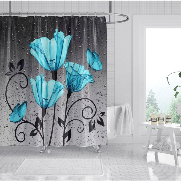 Gray Rose Shower Curtain Sets with 12 Hooks,Raindrops Bath Curtain,Blue Green Flower Waterproof Fabric Shower Curtains 180 x 180 cm