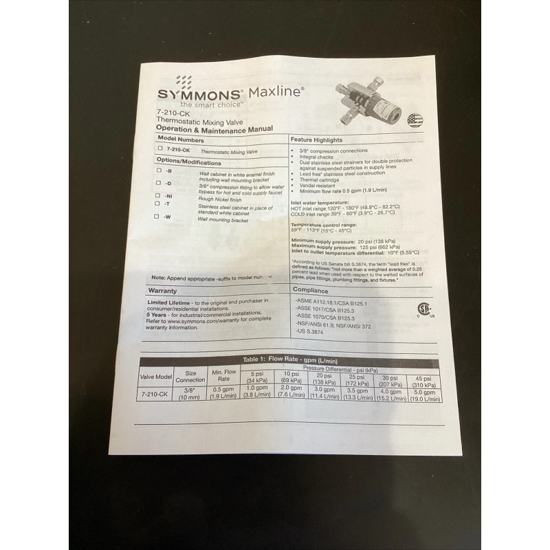 Symmons 3/8” Max Line Tempering Valve. 7-210-CK-W