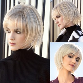 CINHOO Short Ash Blonde Pixie Cut Wig for Women with White Highlight Face Framing Layers Synthetic Heat Resistant Hair Wig with Wispy Bangs Daily Party Womens Wigs for white women