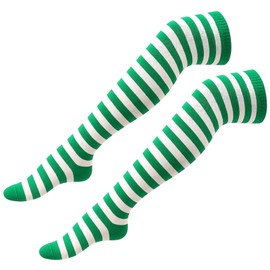 LEMLIN Striped Knee Socks for Women, Colourful Overknee Socks in Set, Carnival, Cosplay and Party Costume Accessories, for Strawberry Dwarf, Gardener and Fantasy Looks (Green/White)