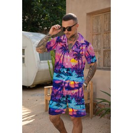 Men's Vacation Beach Outfits 2 Piece Shorts Set Palms Hawaiian Button Down Shirt and Shorts