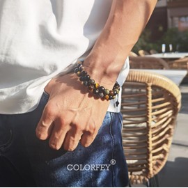 Triple Protection Bracelets for Men - COLORFEY Protection Crystals Energy Beads Tigers Eye Onyx Bloodstone Mens Beads Bracelet Double Wrap, Natural Stone Crystal Bracelet for Men Gifts for Him Balance