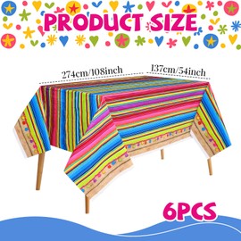 Hosuly Mexican Fiesta Tablecloth 54 x 108'' Party Plastic Tablecloth Striped Table Cover for Mexican Fiesta Party Decorations(Retro Style, 6 Pcs)