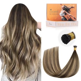 DOORES I Tip Hair Extensions, Balayage Chocolate Brown to Honey Blonde 50g/100s 14 Inch, Itip Extensions Human Hair For Women Natural Hair Extensions Silky Straight Cold Fusion Hair Extensions