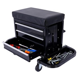 SPOFLYINN 3-Drawer Chest Rolling Mechanic Seat with Tool Trays 350lbs Max Weight Capacity Toolbox Seat for Garage Warehouse Black
