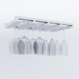 Rustic State Eze 4 Sectional Under Cabinet Mount Wood Stemware Rack Hanging Shelf Glassware Holder Bar Organizer with up to 12 Wine Glass Storage 10 Inch Deep White