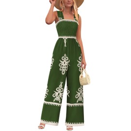 PRETTYGARDEN Womens Jumpsuit Casual One Piece Boho Summer Outfits Shirred Strap Wide Leg Long Pants Rompers With Pockets (Green Apricot Flower, Medium)