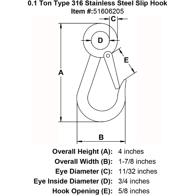 0.1 Ton Type 316 Stainless Steel Slip Hook