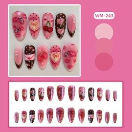 CJDLTS Press on Nails Almond Medium Cute Bow Cherry and Envelope Red Lips Pattern Design French Tip Acrylic False Nail Pink Artificial Fingernails Full Cover Glossy Artificial Stick on Nails for Women