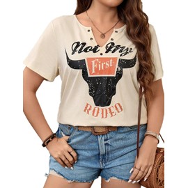 Women's Plus Size Notched Neck Short Sleeve Tops Western Shirts Country Concert Cowgirl Outfits Not My First Rodeo Graphic T-Shirts (Apricot,2XL)
