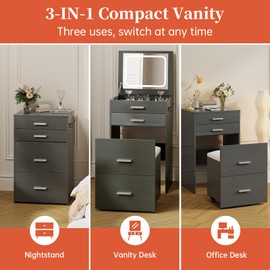 PulseFay Compact Vanity with 3 Drawers, 3 in 1 Vanity Desk, Makeup Desk with Flip-up 3 Colors Lighting Mirror and Cushioned Stool, Small Vanities Nightstand Perfect for Bedroom, Gray