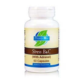 Priority One Vitamins Stress B & C 60 Capsules - B Complex with Whole Gland Adrenal to Support Healthy Nerves, Skin, Eyes, gastrointestinal, and Brain Functions.*