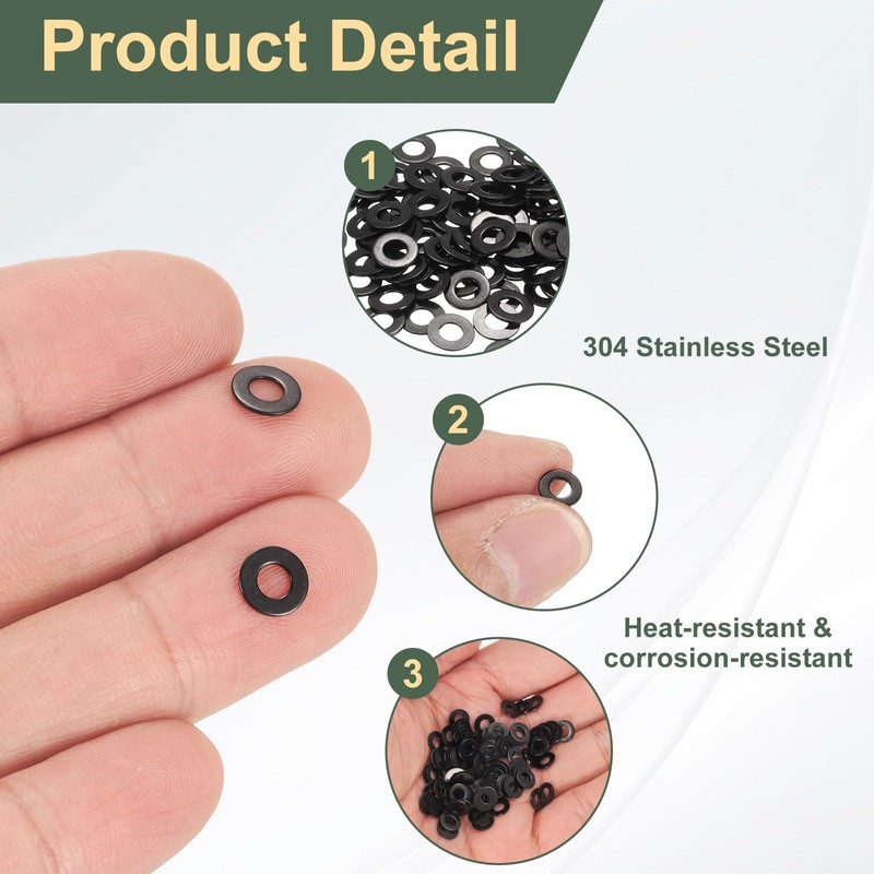 sourcing map 200 Pcs M3 Black Flat Washers, 7mm Outer