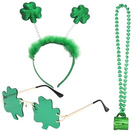Amazleer 3 Pcs St Patricks Day Costume Accessories Set Green Headband, Sunglasses Clover Shamrock Bead Necklaces for Adults (Green, 3 PCS)