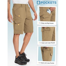 Moosehill Mens-Cargo-Hiking-Shorts Lightweight Water Resistant Quick Dry Relaxed Fit Big & Tall Stretch Waist with 8 Pockets, Khaki, 44 Regular