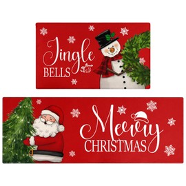 Xsinufn Merry Christmas Kitchen Rugs and Mats Set of 2,Red Snowman Wreath Santa Claus Tree Xmas Winter Holiday Sink Floor Mat Non Skid Washable for Home Farmhouse Christmas Decor 17"x47"+17"x30"