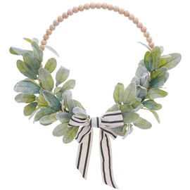 Wood Bead Lambs Ear Wreath - 13 Inch Artificial Greenery Leaf Wreaths Boho Wall Hanging Decoration for Spring Summer Modern Natural Home Farmhouse Porch Indoor Outdoor Wedding Decor