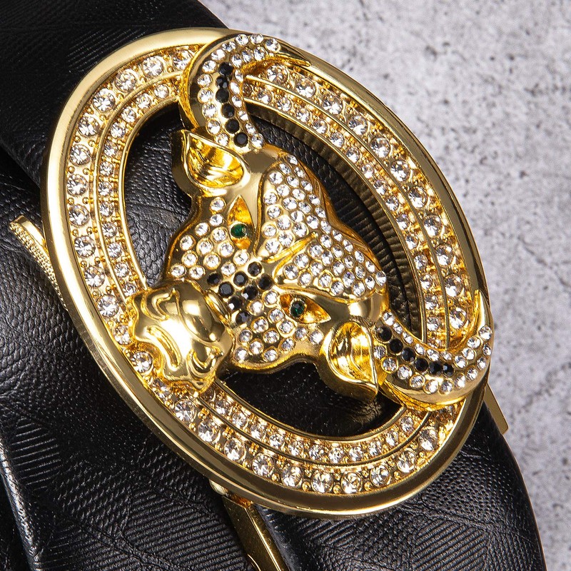 YOHOWA Men Cowhide Belt,Animal Belt 3D-Print Automatic Ratchet Buckle Black