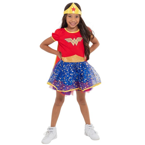 Justice League Wonder Woman Little Girls Cosplay Tulle Costume Dress Cape and Headband 3 Piece Set 7-8