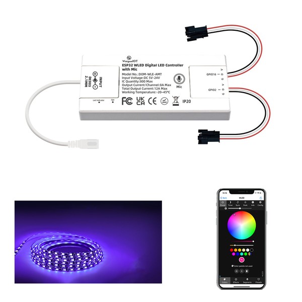WeiguoIOT ESP32 WLED Digital LED Strip Controller with Microphone Ultra-Thin,