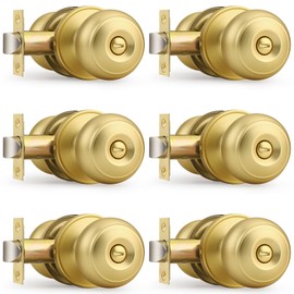 Probrico Gold Door Knobs for Bedroom Bathroom, Interior Door Knob with Round Ball, Brushed Brass Privacy Door Knob, 6 Pack