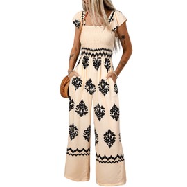Happy Sailed Jumpsuit for Women Dressy Casual Spring Summer Square Neck Short Sleeve Graphic Printed Boho Jumpsuits Baggy Overalls Wide Leg Long Pants Rompers Beach Outfits 2025 Apricot Medium