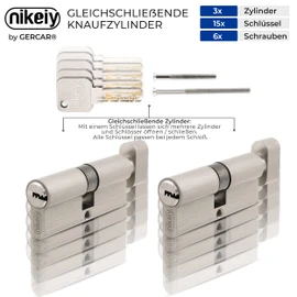 GERCAR GERCAR Pro Gleichschlie?end 3 Knaufzylinder 40/40 Set 3x Schlie?zylinder mit Knauf inkl. 15 Schlssel - 80 mm Trschloss Zylinderschloss 3er Zylinder - L?nge: 80mm, A:40 B:40 - Messing matt massiv