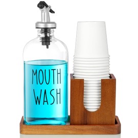Mouthwash Dispenser for Bathroom, 16 OZ Glass Mouthwash Dispenser with Pour Spout and Acacia Wood Cup Holder and Tray, Mouth Wash Bottle Container, Farmhouse Kitchen Bathroom Decor and Accessories
