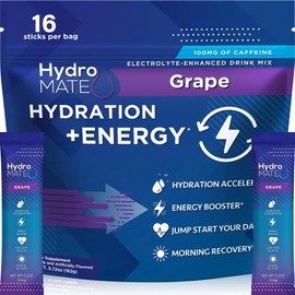 HydroMATE Electrolytes Powder Drink Mix Packets Hydration Accelerator Low Sugar Rapid Party Relief Recovery Vitamin C Plus Caffeine Grape 16 Count