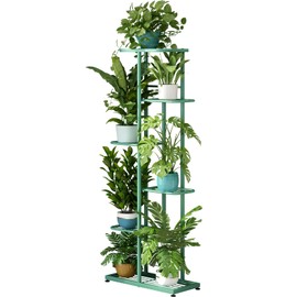 LINZINAR Plant Stand Metal 6 Tier 7 Potted Multiple Flower Pot Holder Shelf Indoor Outdoor Planter Display Shelving Unit for Patio Garden Corner Balcony Living Room (6 Tier 7 Potted, Light Green)