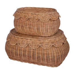 BEBE BASK Small Scalloped Basket Set Of 2 - Hand Woven Scallop Basket - 15 x 10 x 6 In - Scalloped Wicker Basket - Scalloped Edge Basket - Scalloped Storage Basket (Mocca)