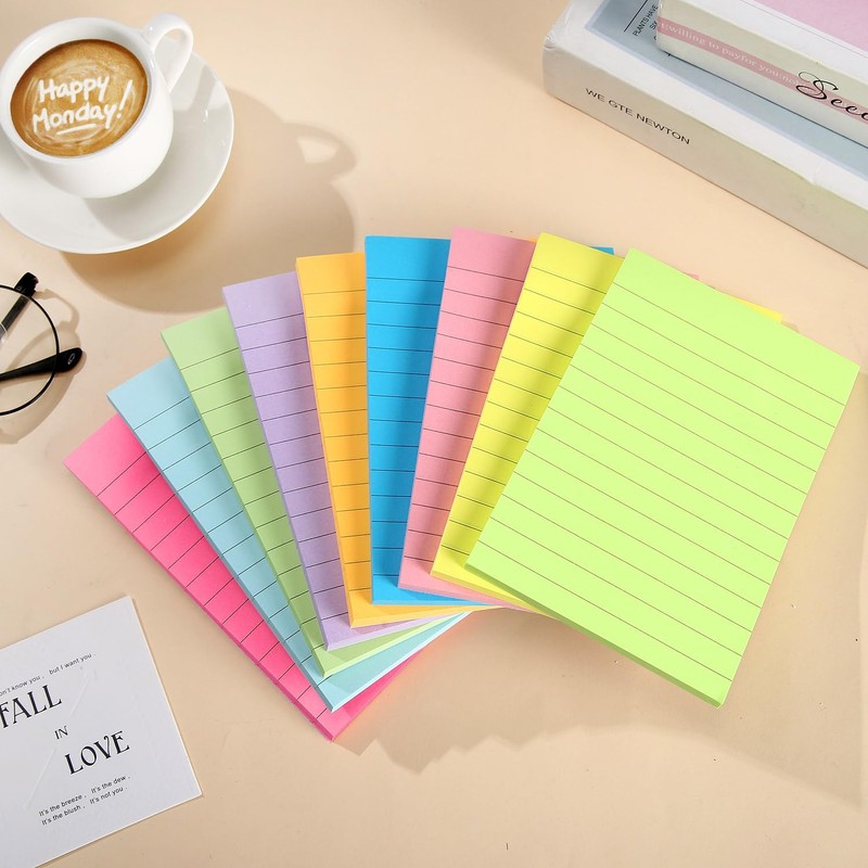 9 Pack Lined Sticky Notes 4"x6" Bright Colors Self-Stick Note