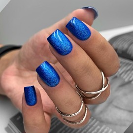 Royal Blue Glitter Press on Nails Short Nails Glue On,KQueenest Iridescent Shimmer Acrylic Fake Nails with Salon UV Finish,Sparkling Gel Nails Press ons Petite,Glossy Flash Stick on Nails Short False Nails with Designs for Home Manicure in 24 PCS