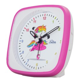 SELVA Quartz Alarm Clock Unicorn Ballerina Perfect for School Pink / White Sweeping Seconds Silent Analogue for Children Colourful Dial with Light / Alarm Repeat Dimensions 95 x 95 x 45 mm