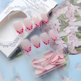 24Pcs Valentines Press on Nails Short Almond False Nails Pink Heart Fake Nails French Tip Press ons Nude Pink Full Cover Acrylic Nails Cute Valentines Glue on Nails for Women Girls Nail Decoration