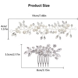 2 PCS Bridal Hair Set Pearl Headband Crystal Rhinestone Hair Comb Handmade Wedding Hair Accessories for Brides Bridesmaids
