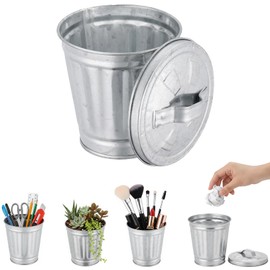 Tangseajiao Mini Galvanized Trash Can with Lid, Mini Wastebasket Small Metal Buckets with Lids Mini Tabletop Metal Rubbish Bin Flower Pot Pen Holde Trash, Wastebaskets, 3.74", Silver