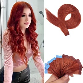 Copper Red Tape in Hair Extensions Human Hair Invisible Copper Hair Extensions Real Human Hair Tape in Silky Mini Real Hair 20 Inch for Party