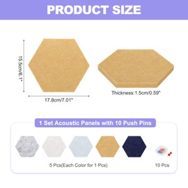 MECCANIXITY 5Pcs Hexagon Acoustic Panels 15.5x17.8cm B1 Fireproof Soundproof Foam Panel with 10 Push Pins for Wall Decoration Home Studio Office(Dark Blue,Yellow,Gray,Light Gray,Light Brown)