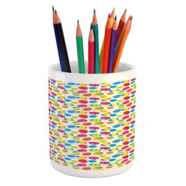Ambesonne Easter Pencil Pen Holder, Cartoon Style Chicken and Colorful Eggs with Little Daisy Blossoms and Zigzag, Ceramic Pencil Holder for Desk Office Accessory, 3.6" X 3.2", Multicolor