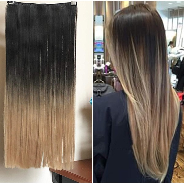 22” Thick Long Straight One Piece Ombre Clip in on Hair Extensions Hairpieces with 5 Clips 120grams(22" Straight-Black to sandy blonde)