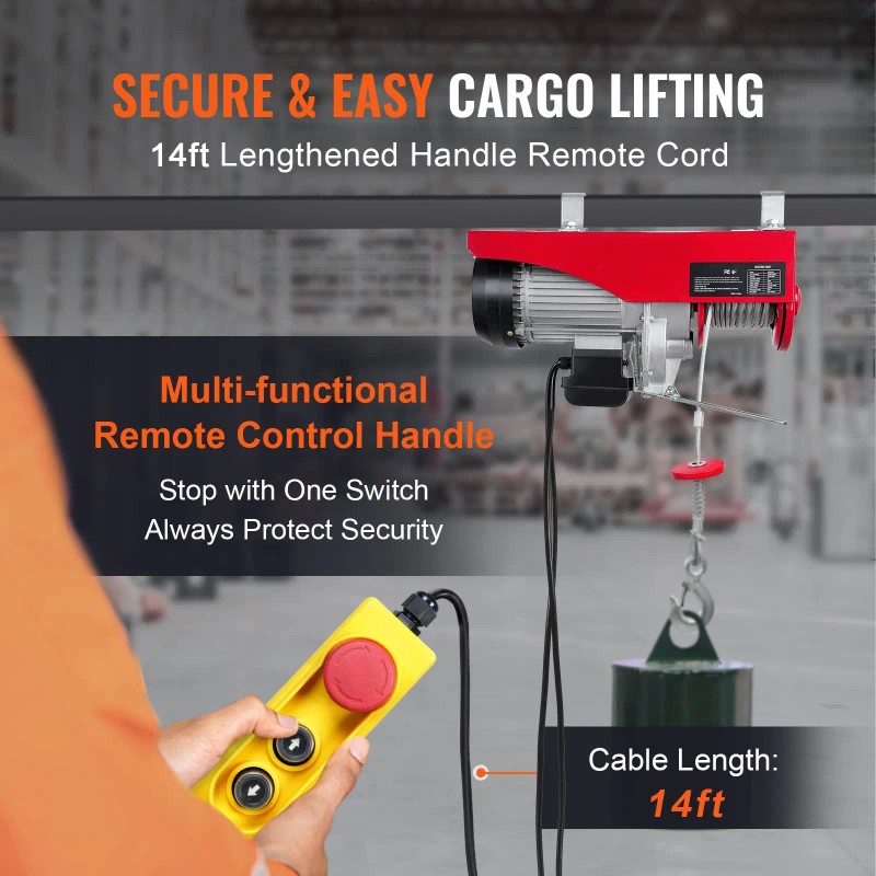 2200 Lbs 14ft Single Cable 1600W 110V Electric Hoist with