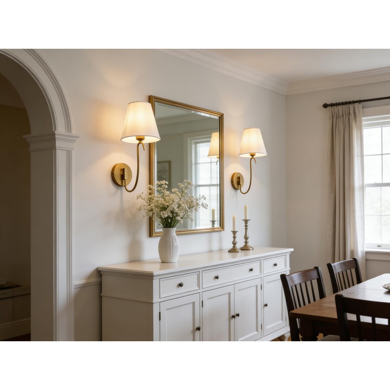PERMO Antique Goose-Neck Wall Sconce with White Fabric Shade Hardwired